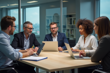 Groupe d'adultes en réunion dans une salle moderne