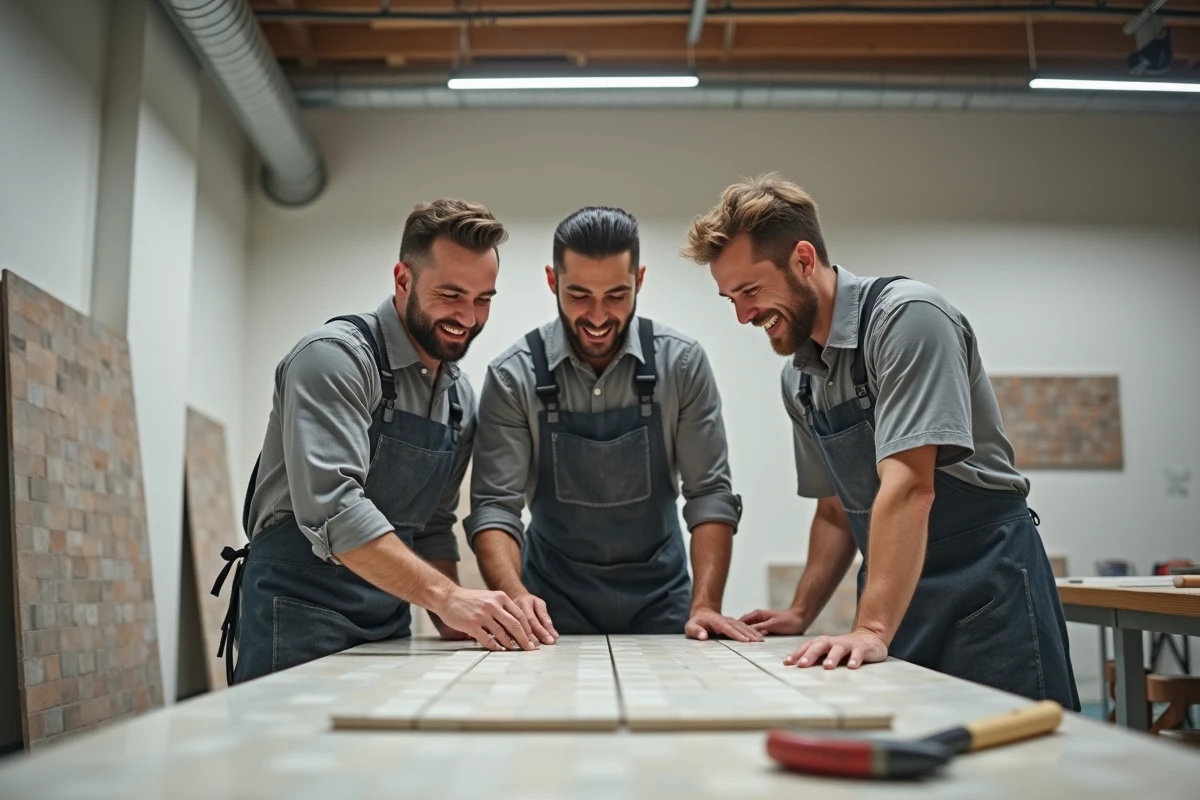 Groupe d'anciens stagiaires en formation carrelage examinant ensemble un mur carrelé dans un atelier pédagogique