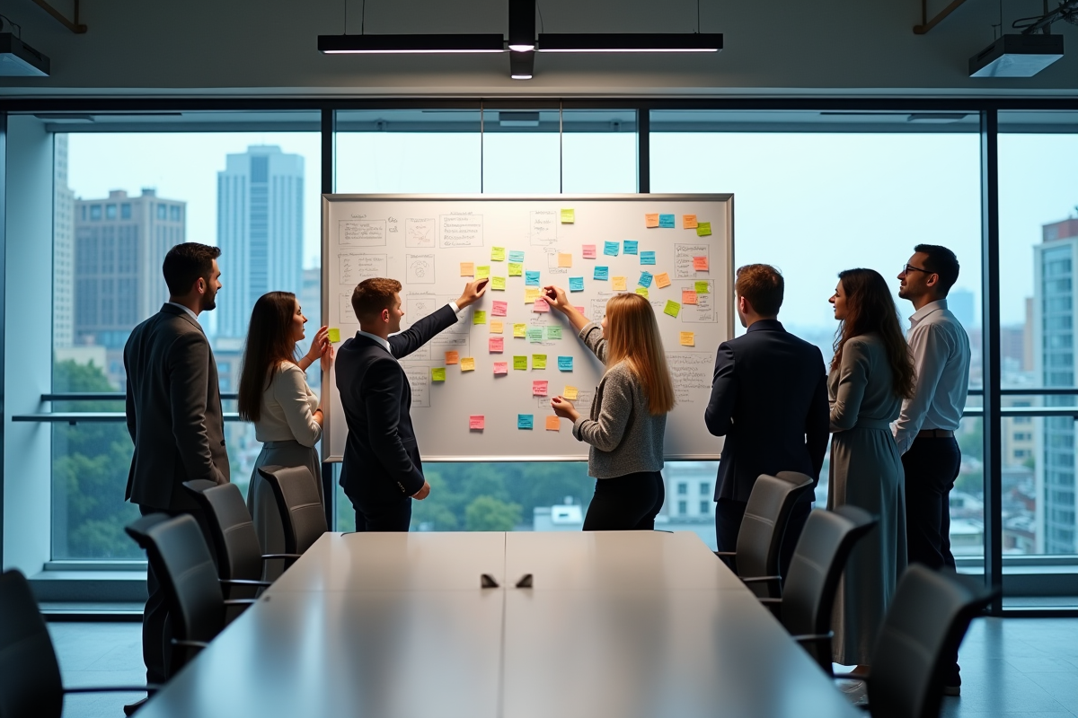 Groupe de professionnels discutant autour d'une table moderne