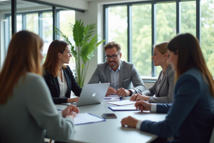 Groupe de professionnels en réunion dans un bureau lumineux