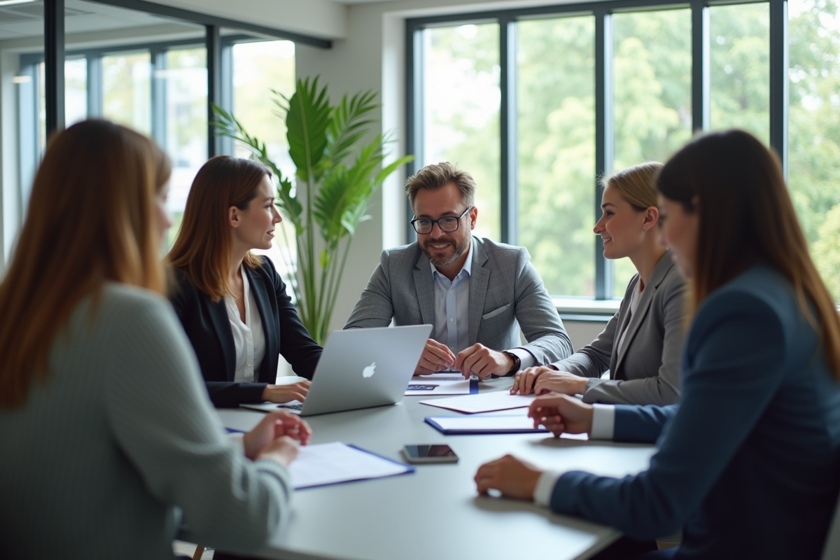 Groupe de professionnels en réunion dans un bureau lumineux