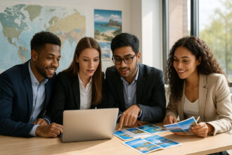 Groupe de jeunes professionnels discutant avec un ordinateur pour un article sur le titre