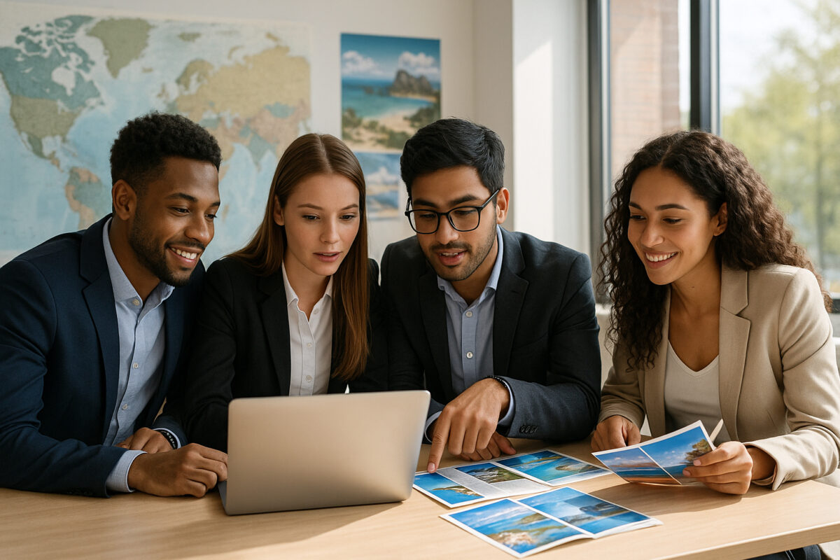 Groupe de jeunes professionnels discutant avec un ordinateur pour un article sur le titre