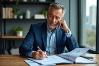 Homme d'affaires en costume bleu examine des documents financiers