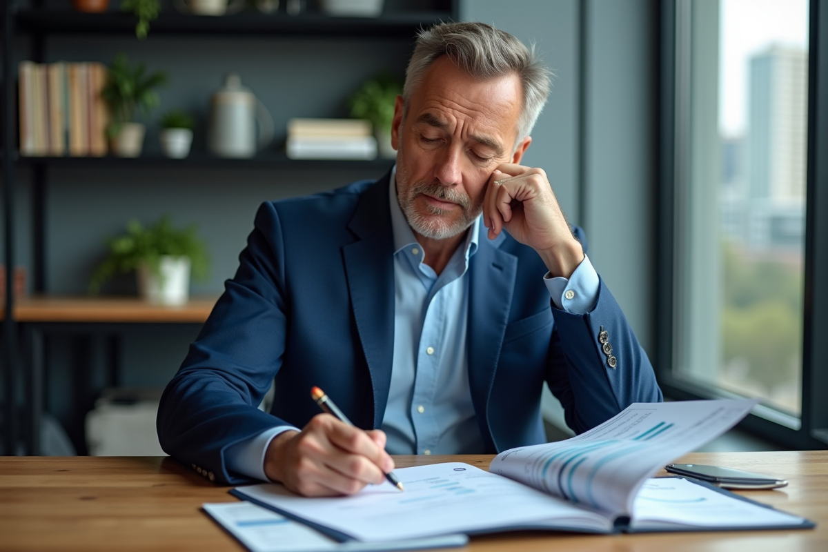 Homme d'affaires en costume bleu examine des documents financiers