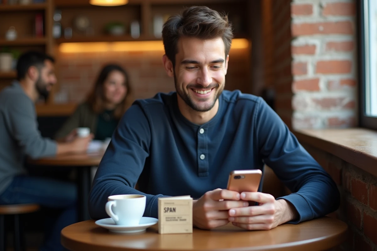 Homme apprenant les verbes avoir en espagnol avec une application et un guide de conjugaison dans un café