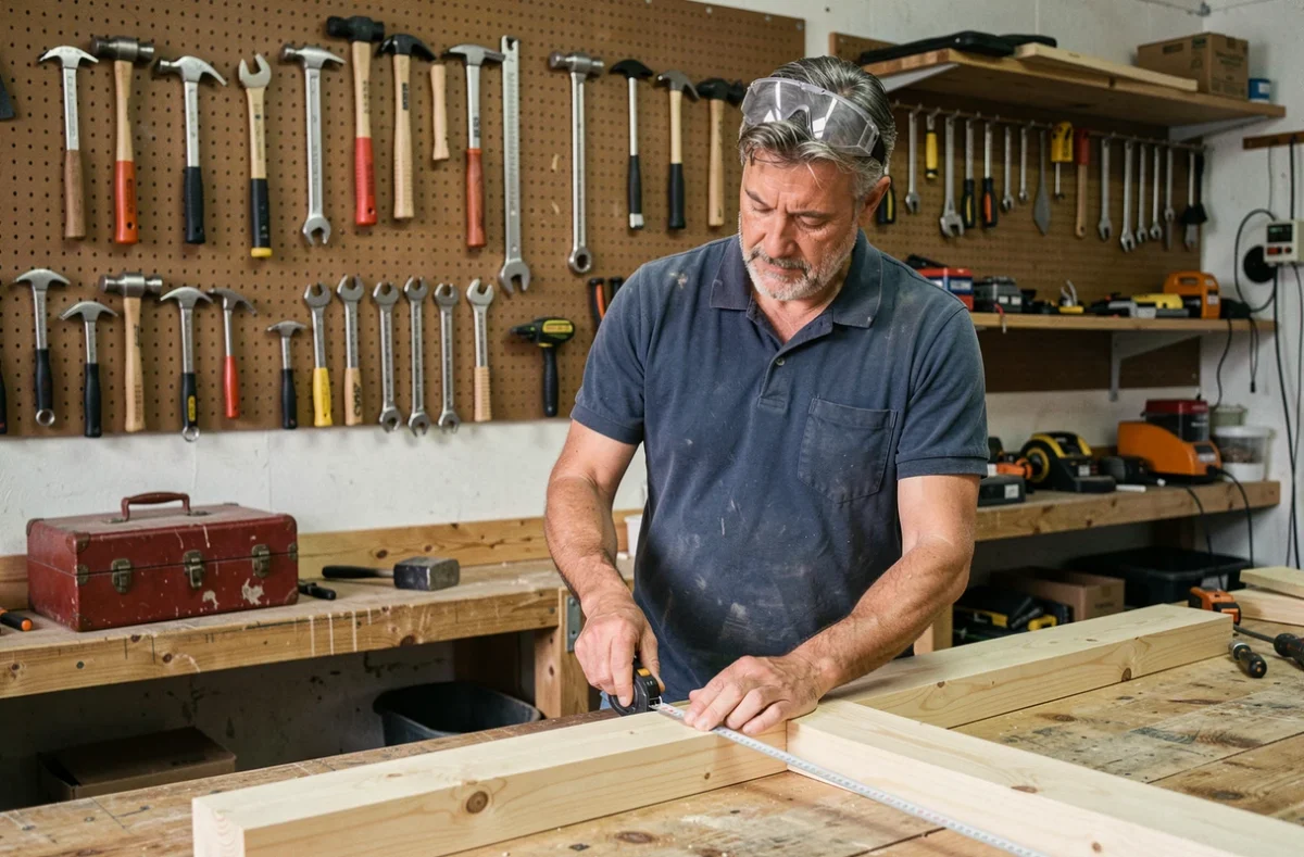 Homme mesurant une planche de bois dans un atelier de bricolage organisé avec des outils accrochés au mur