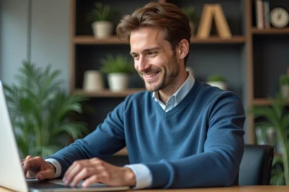 Homme concentré utilisant un ordinateur portable dans un bureau moderne