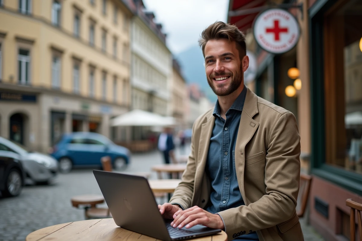 Homme souriant travaillant sur son CV dans un café suisse