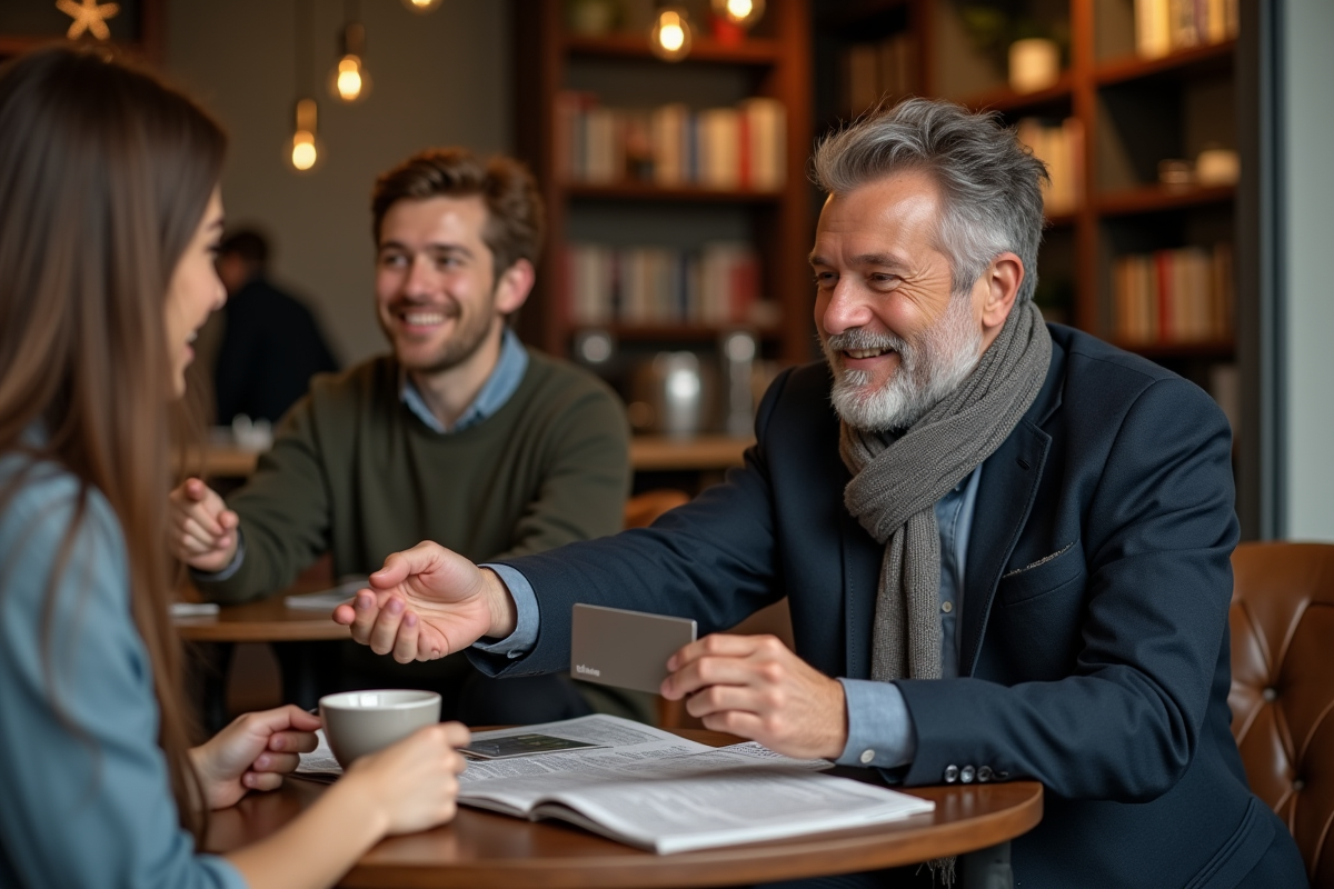 Homme en blazer présentant sa carte de membre au barista dans un café
