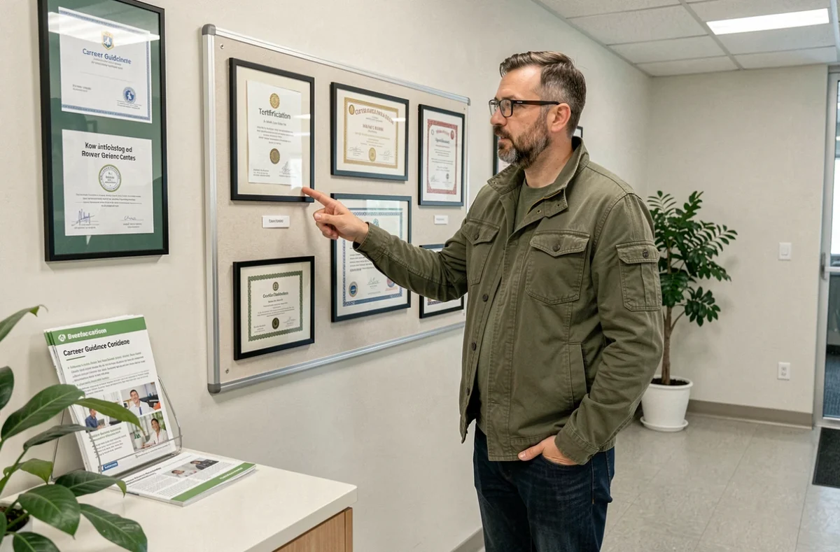 Un homme de 38 ans examine des exemples de titres professionnels et diplômes affichés dans un centre d'orientation professionnelle pour adultes en reconversion