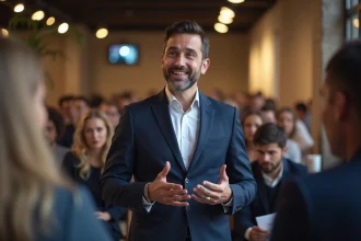 Homme en costume navy donnant une présentation à Paris