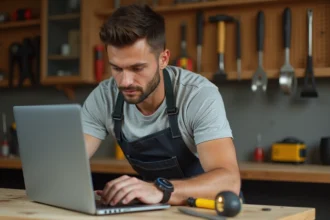 Homme adulte suivant un cours de bricolage en ligne sur son ordinateur portable dans un atelier domestique bien organisé