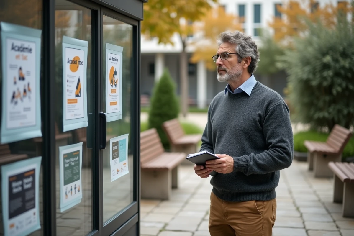 Homme dans une cour urbaine regardant un tableau d