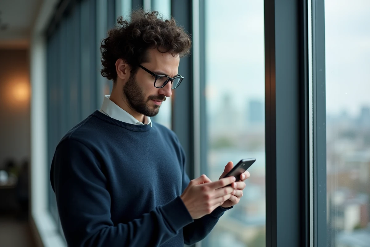Homme en coworking regardant son téléphone avec un fond urbain