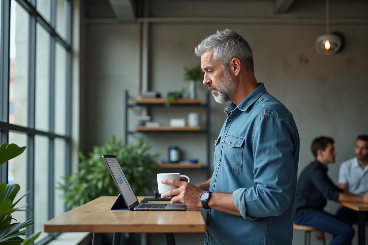Homme professionnel en espace de coworking consultant une plateforme de mentorat sur tablette, symbolisant le développement de carrière à distance
