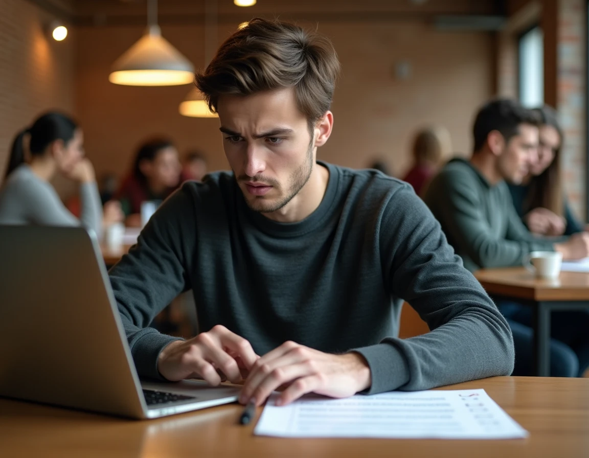 Jeune homme en espace de coworking rédigeant une lettre de motivation et consultant une liste de tournures à éviter