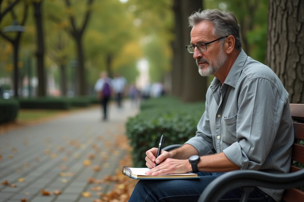 Homme écrivant des vers de poésie dans un cahier à spirale assis sur un banc dans un parc en automne