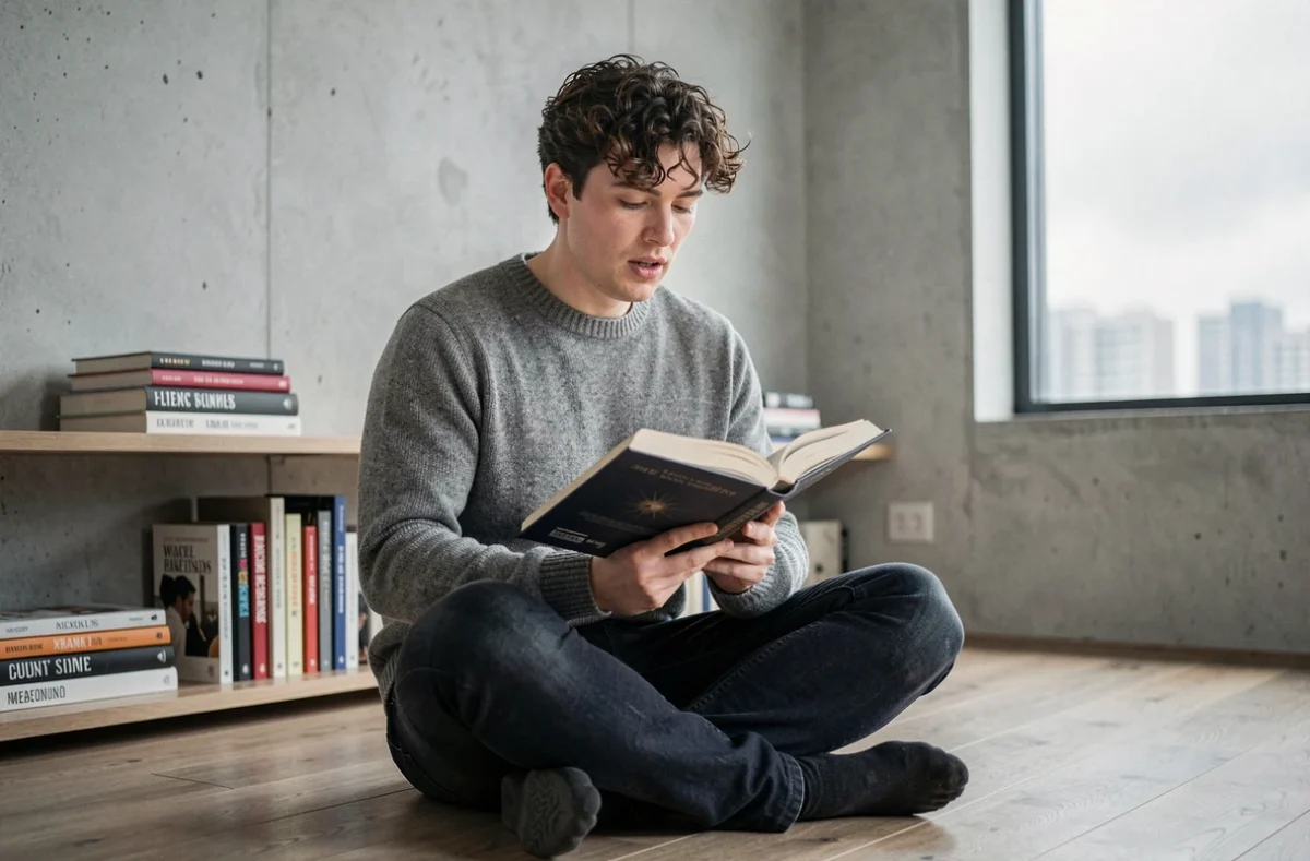 Jeune homme lisant un roman narratif assis sur le sol d'un appartement minimaliste, évoquant la lecture de textes littéraires au passé simple
