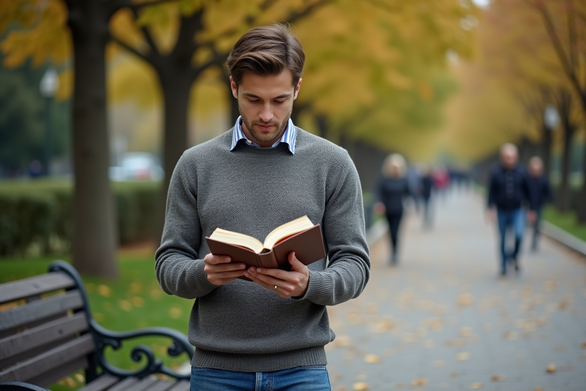 Jeune homme lisant dans un parc urbain en été
