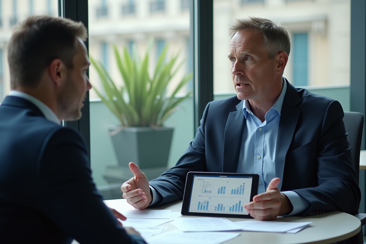 Homme en discussion avec un coach dans un bureau avec vue urbaine