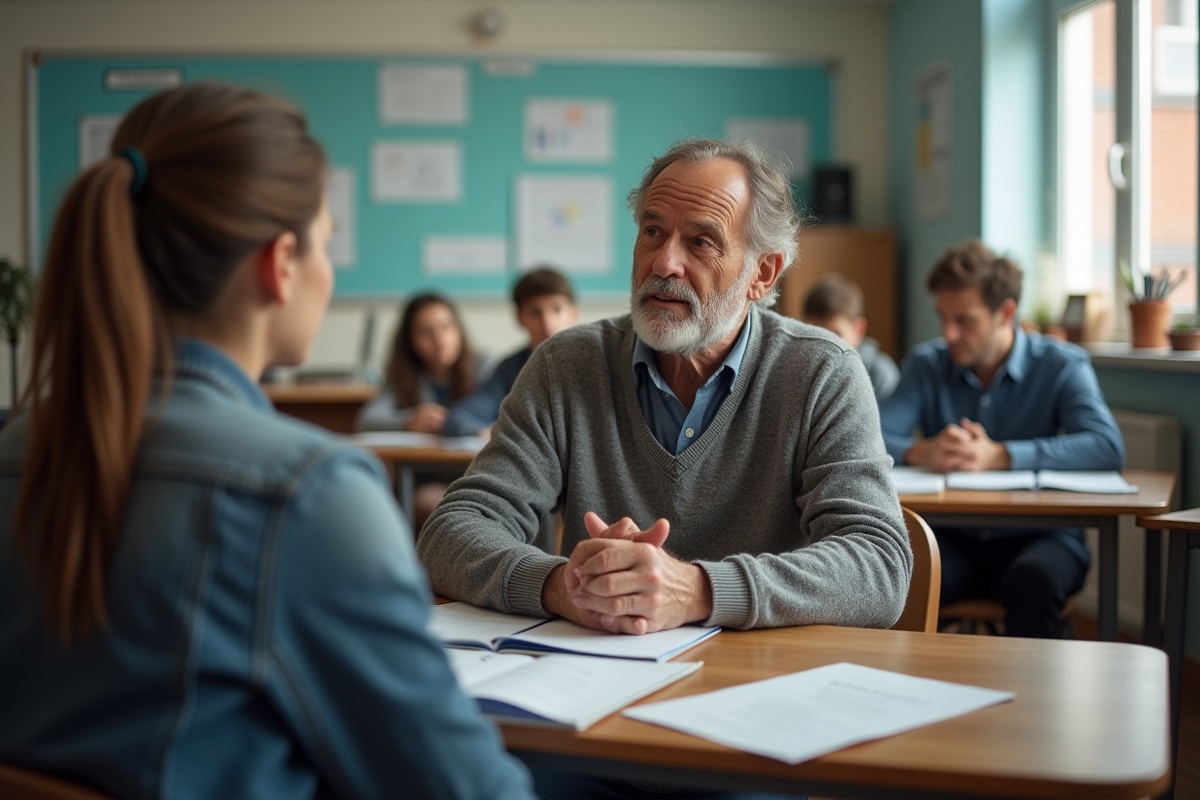 Homme en classe de formation en discussion