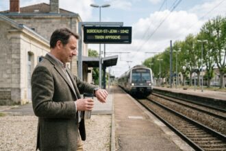 Homme d'affaires vérifiant l'heure à la gare de Bordeaux