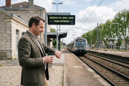 Homme d'affaires vérifiant l'heure à la gare de Bordeaux