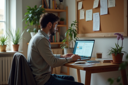 Homme détendu analysant des données sur son ordinateur à la maison