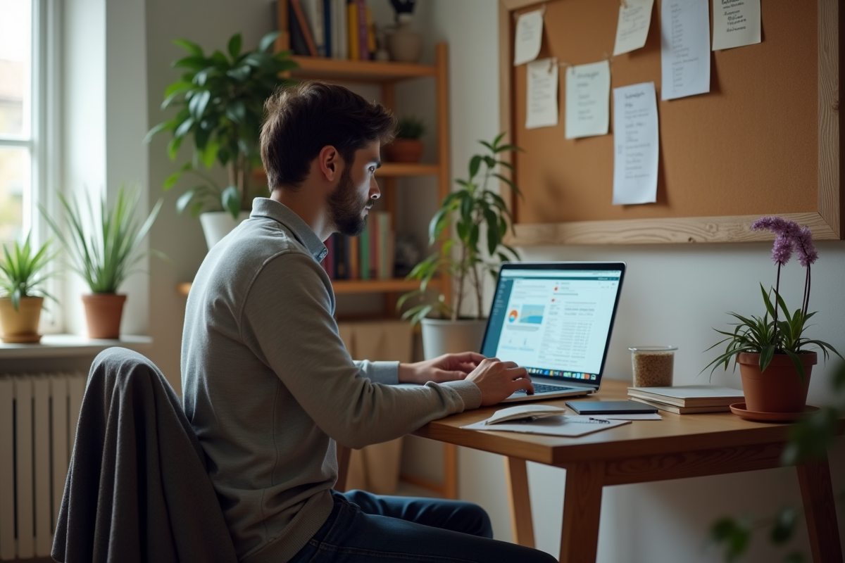 Homme détendu analysant des données sur son ordinateur à la maison