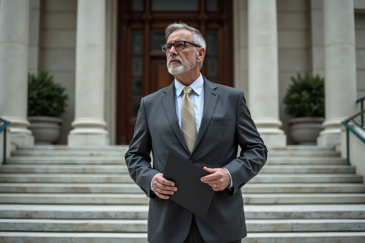 Homme en costume devant un tribunal en marbre