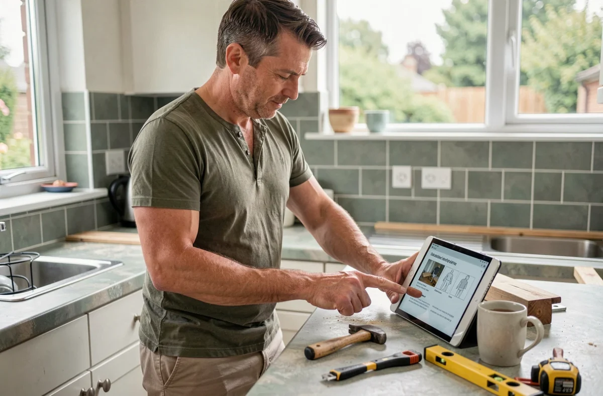 Homme adulte apprenant le bricolage en suivant un tutoriel sur tablette dans sa cuisine, outils de base posés sur le plan de travail