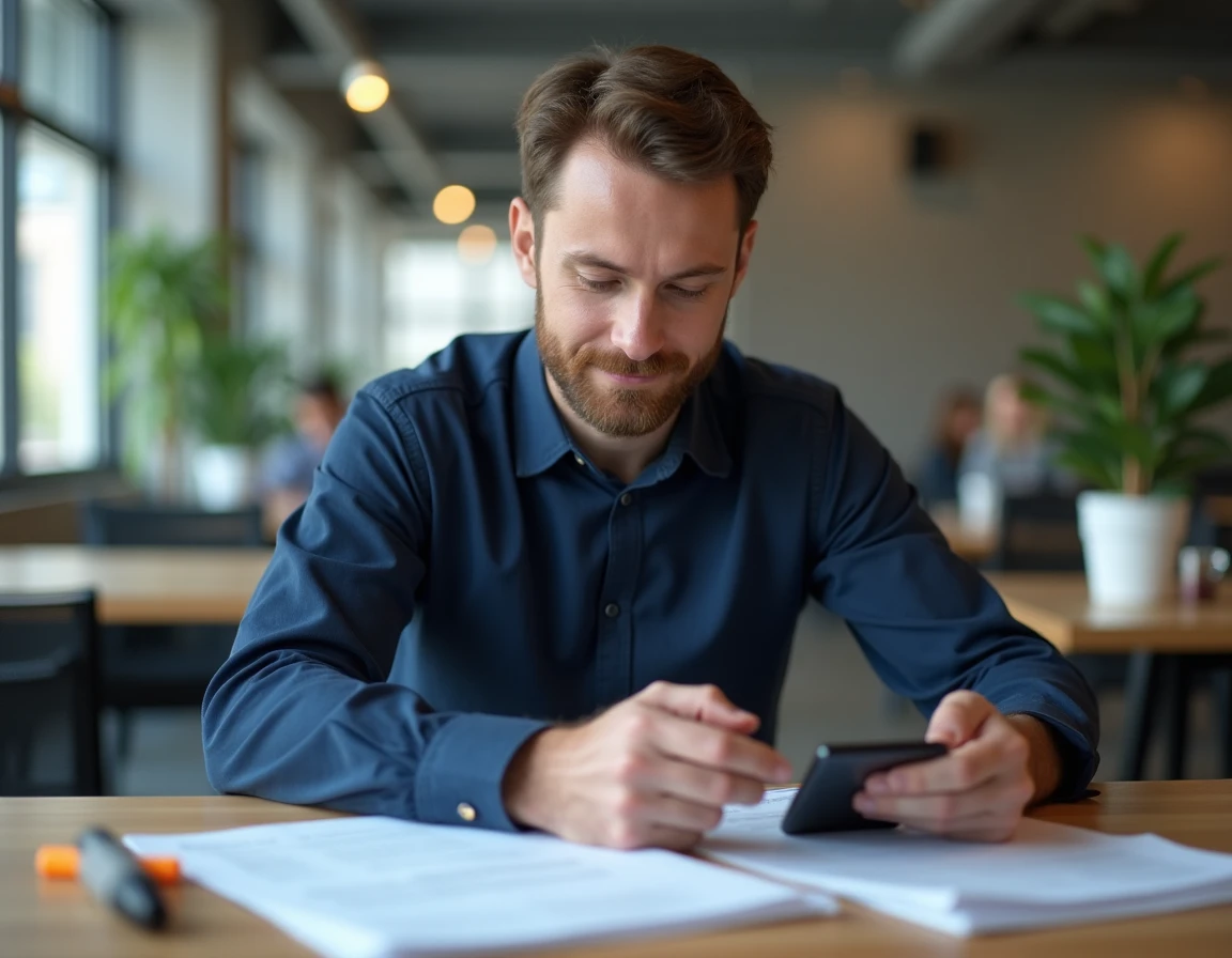 Homme consultant ses justificatifs de concours sur smartphone dans un espace de coworking