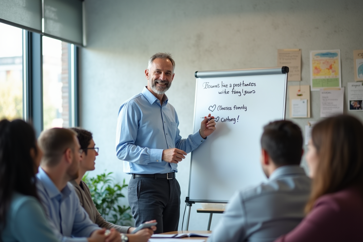 Homme écrivant des objectifs positifs au tableau blanc