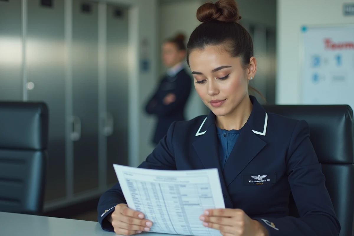 Hôtesse de l'air consultant une grille de salaire dans une salle de briefing compagnie aérienne