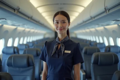 Hôtesse de l'air en uniforme bleu marine dans l'allée d'un avion commercial, représentant le métier et la rémunération des hôtesses de l'air