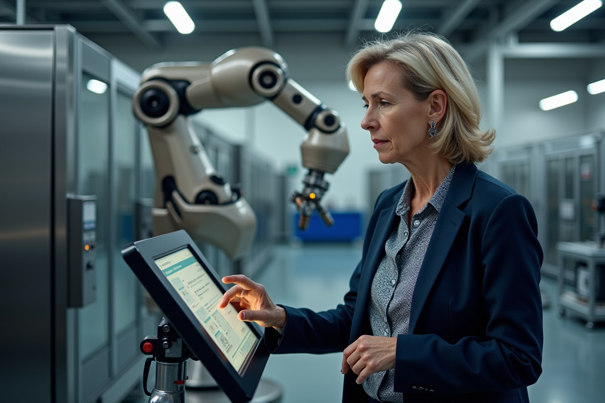 Ingénieure expérimentée manipulant un robot industriel hightech
