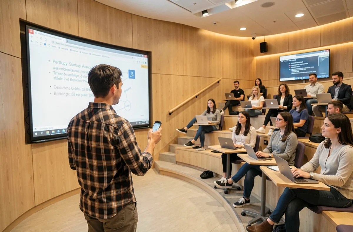 Étudiant présentant un projet entrepreneurial dans un amphithéâtre moderne de l'IONIS School of Technology and Management