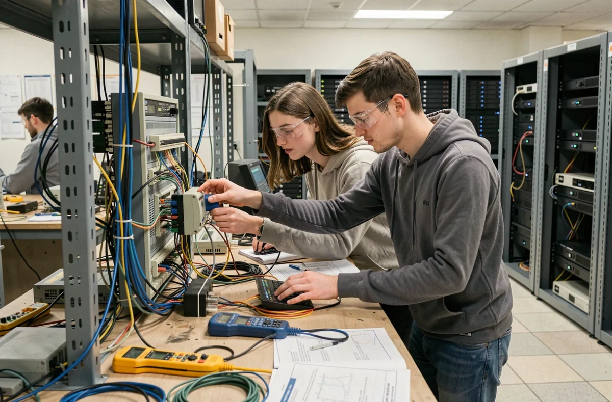 Étudiants en travaux pratiques de réseaux et électronique dans le laboratoire de l'IUT de Ville-d'Avray