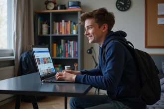 Jeune garçon concentré sur son ordinateur portable à son bureau