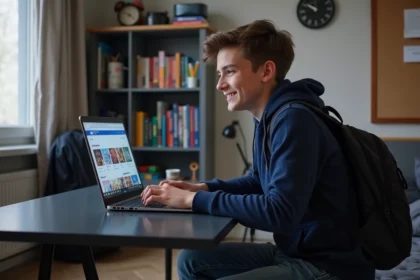 Jeune garçon concentré sur son ordinateur portable à son bureau