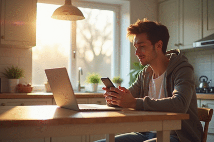Jeune adulte vérifiant son compte bancaire sur smartphone dans une cuisine lumineuse