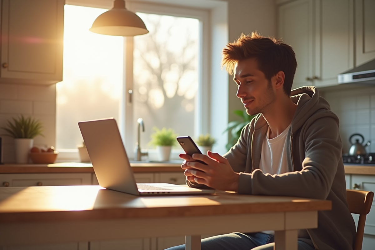 Jeune adulte vérifiant son compte bancaire sur smartphone dans une cuisine lumineuse
