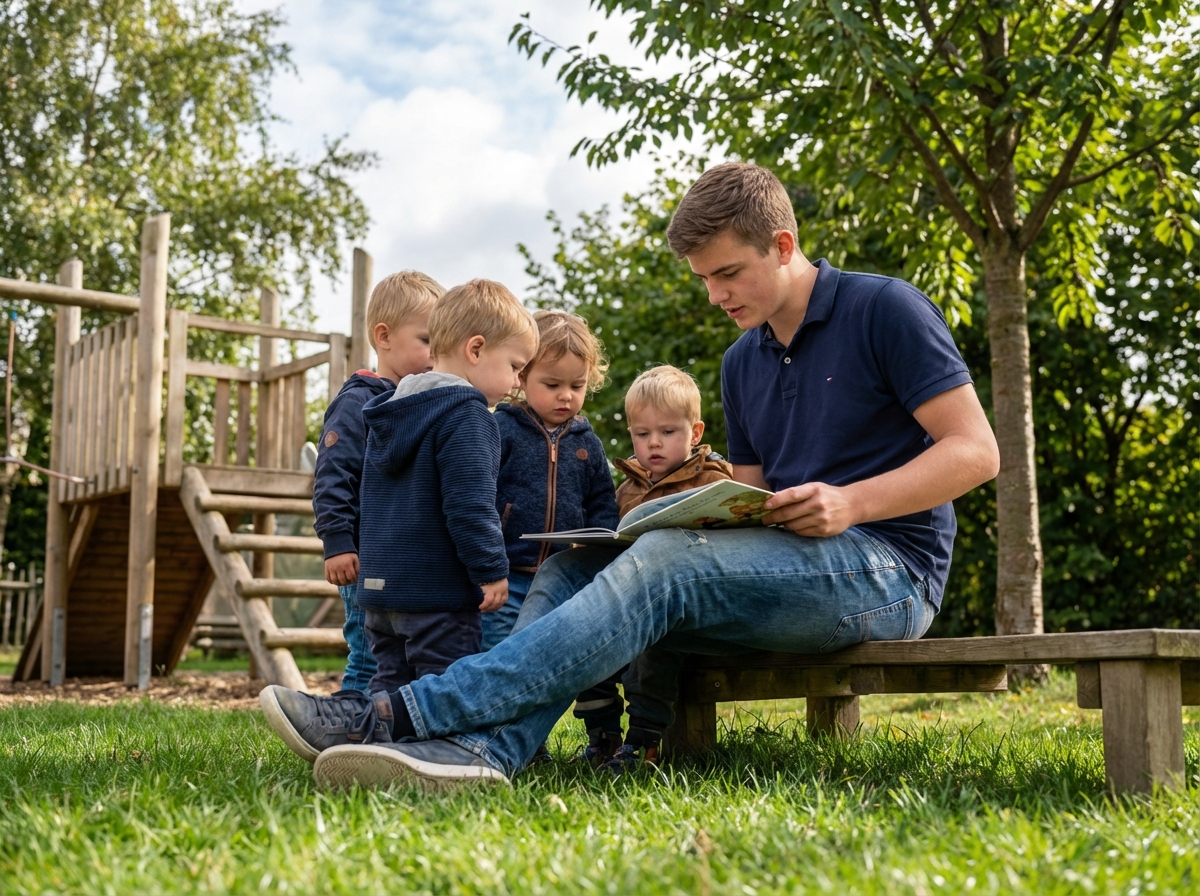 Jeune homme lisant une histoire à des tout-petits en plein air