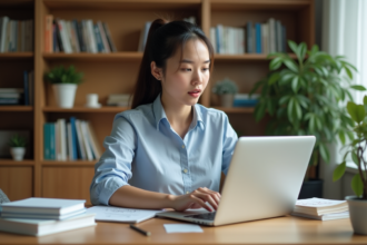 Jeune femme en étude de langues à la maison
