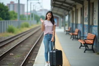 Jeune femme souriante avec valise près du train