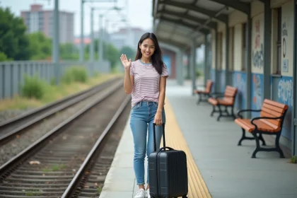 Jeune femme souriante avec valise près du train