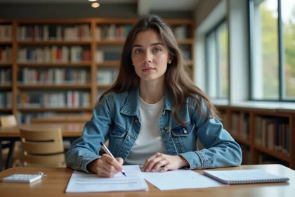 Jeune femme en bibliothèque étudiant documents universitaires