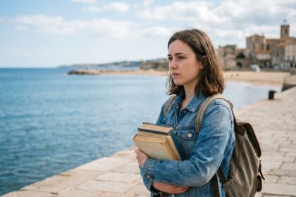 Jeune femme en denim avec livres sur la promenade à Béziers