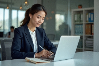 Jeune femme en blazer navy au bureau avec ordinateur et notes